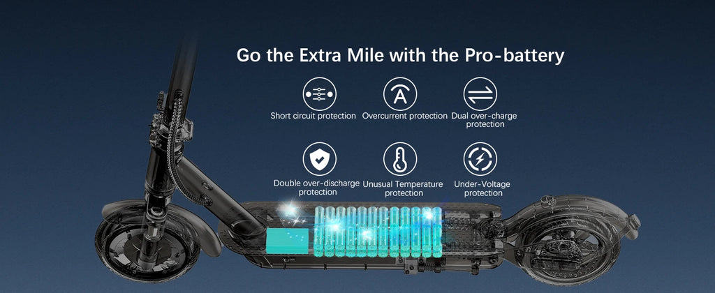 Electric scooter with battery display and protective feature icons on a dark background
