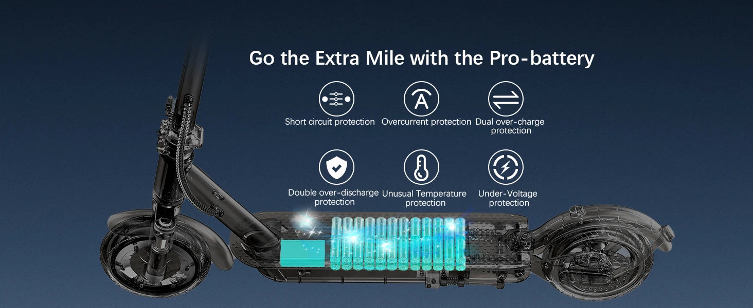 Electric scooter with battery display and protective feature icons on a dark background