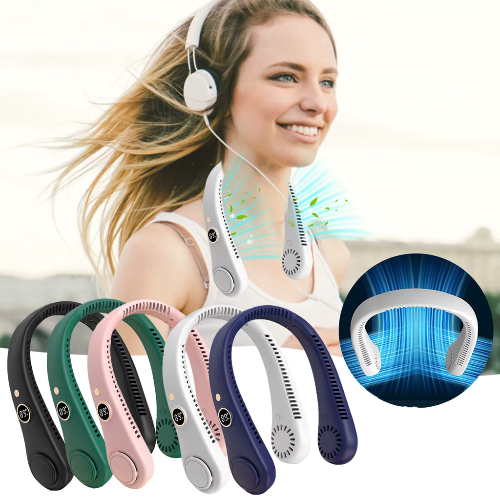 A woman wearing a neck fan headset outdoors, with multiple color options of the neck fan shown along the bottom and a blue airflow graphic inset on the right.