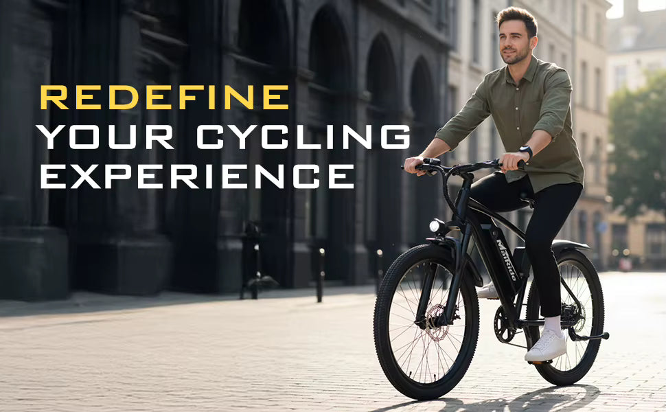 Brand promotional banner featuring a rider with the electric bike against an architectural backdrop