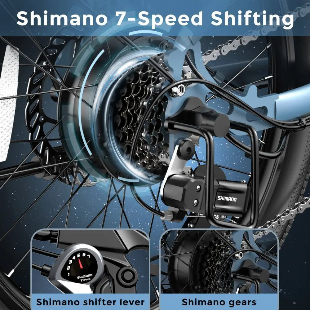 Close-up of Shimano 7-speed shifting mechanism with detailed view of shifter lever and gears.