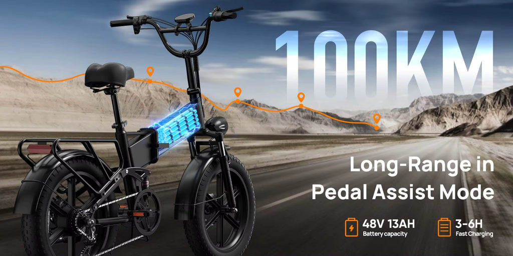 Electric bike with a digital display on a road with mountains in the background, highlighting long-range capability.