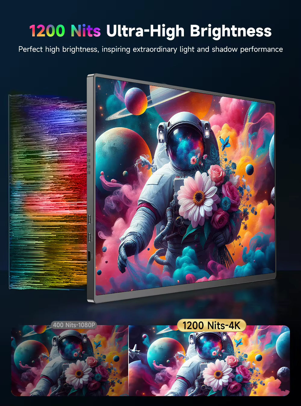 UPERFECT portable monitor showcasing 1200-nit ultra-high peak brightness and contrast performance