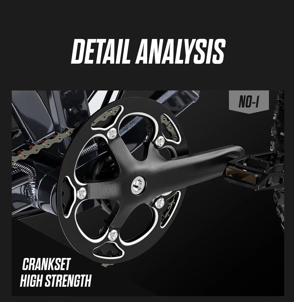 High-strength crankset with chain on a black background, featuring the text 'Detail Analysis' and 'Crankset High Strength'.
