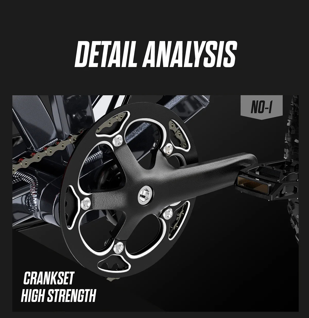 High-strength crankset with chain on a black background, featuring the text 'Detail Analysis' and 'Crankset High Strength'.