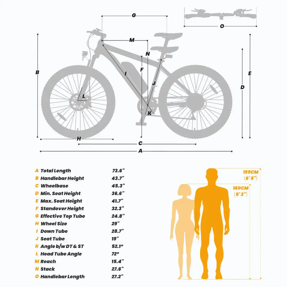 Electric Bicycle product specifications set on a white background. also showing maximum sizing for riders