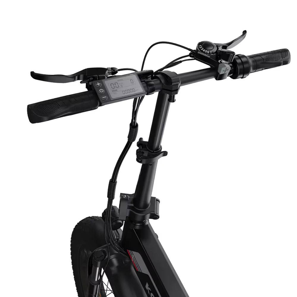 Close-up of a black electric bike handlebar with digital display on a white background