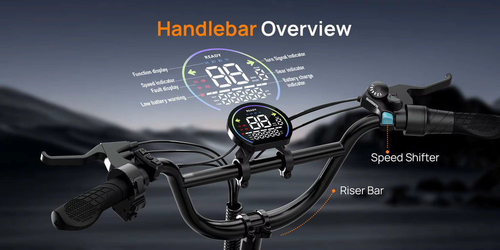 E-bike handlebar with digital display and labeled components against a dark background