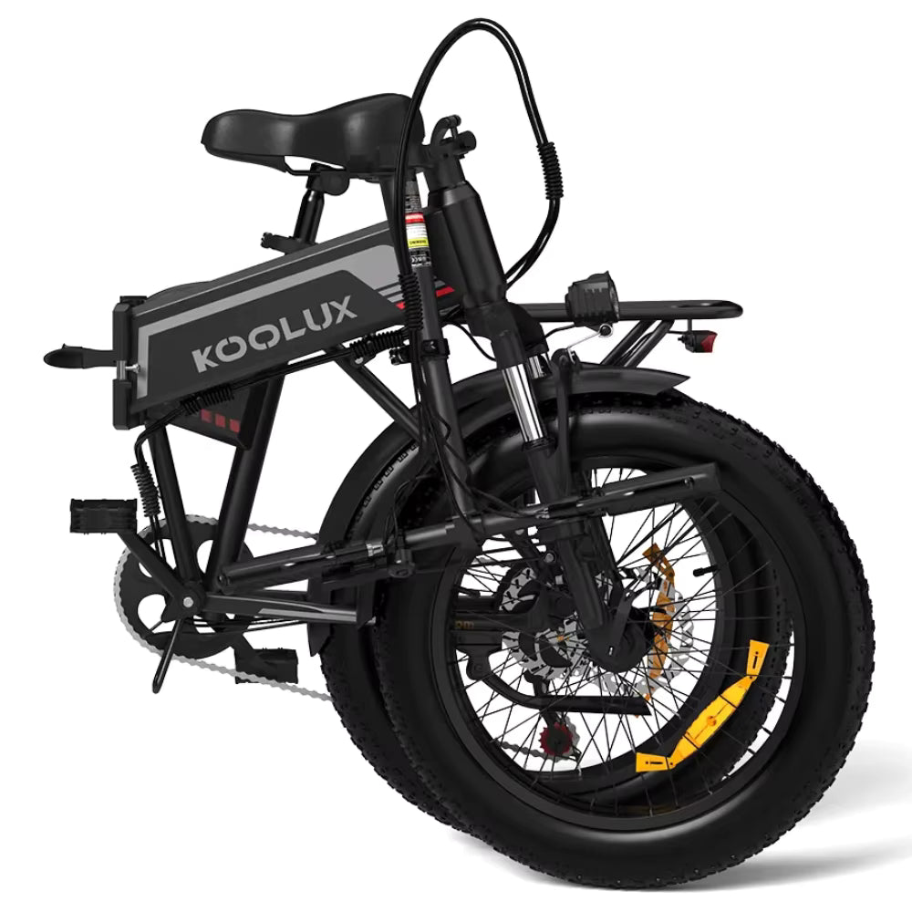 Black electric bike image shown folded with 'Koolux' branding on a white background