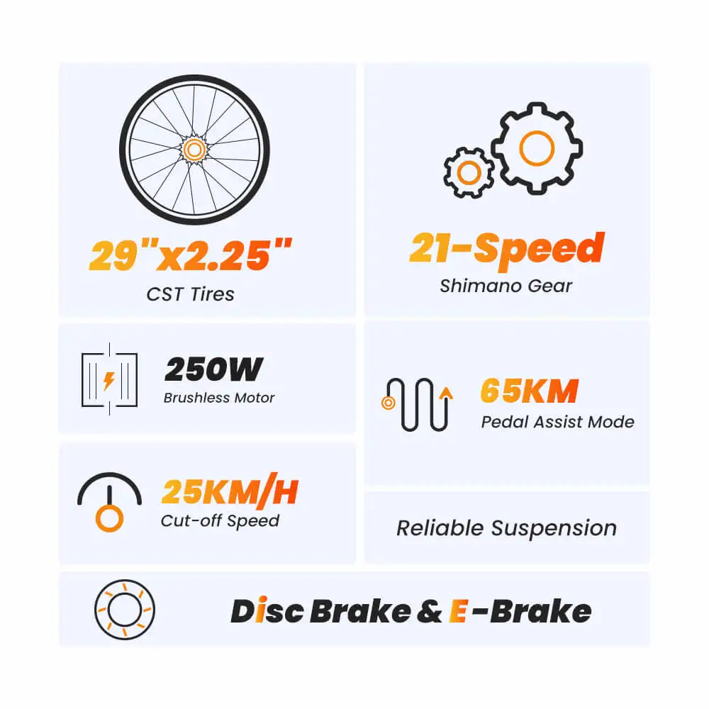 Electric Bicycle feature chart with specifications on a white background