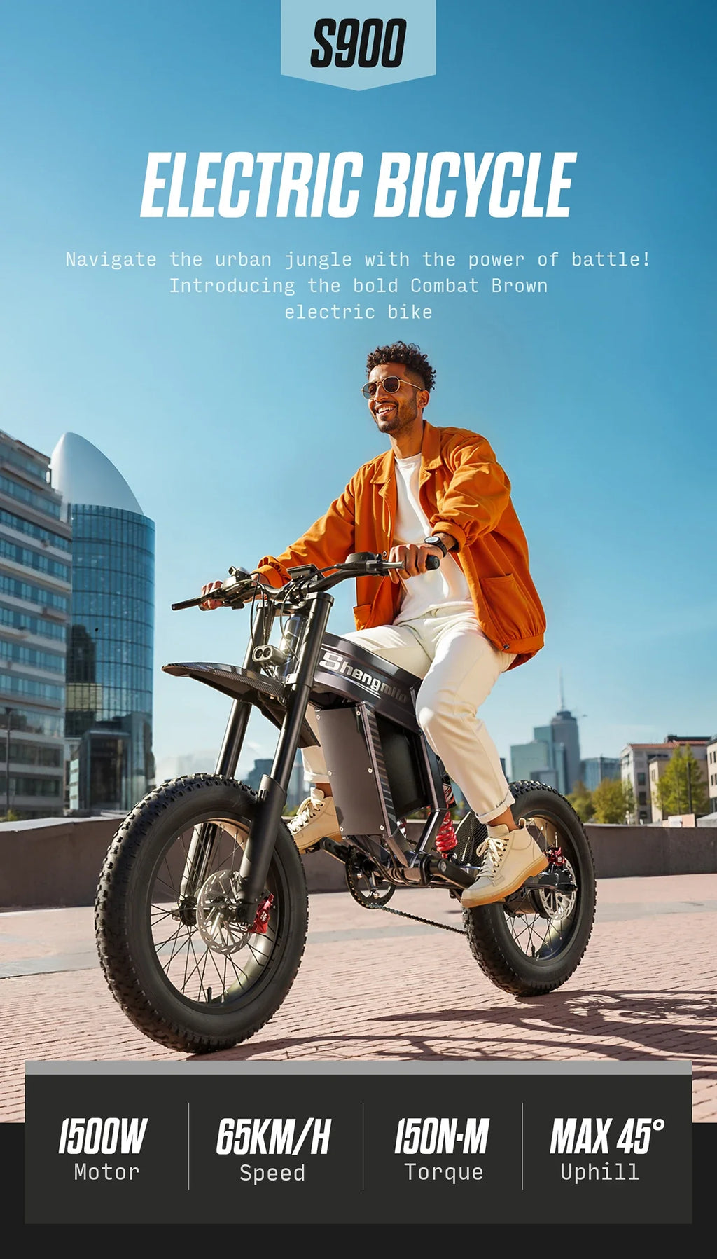 Man riding an electric bike with cityscape background and S900 branding.