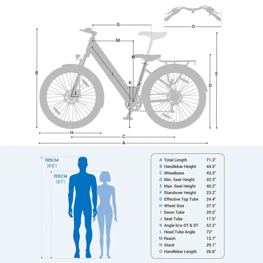 Electric Bicycle dimensions diagram with labeled parts and human figures for scale.