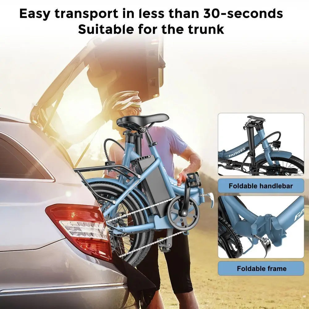 Person loading a blue folding e-bike onto a car with text highlighting ease of transport.