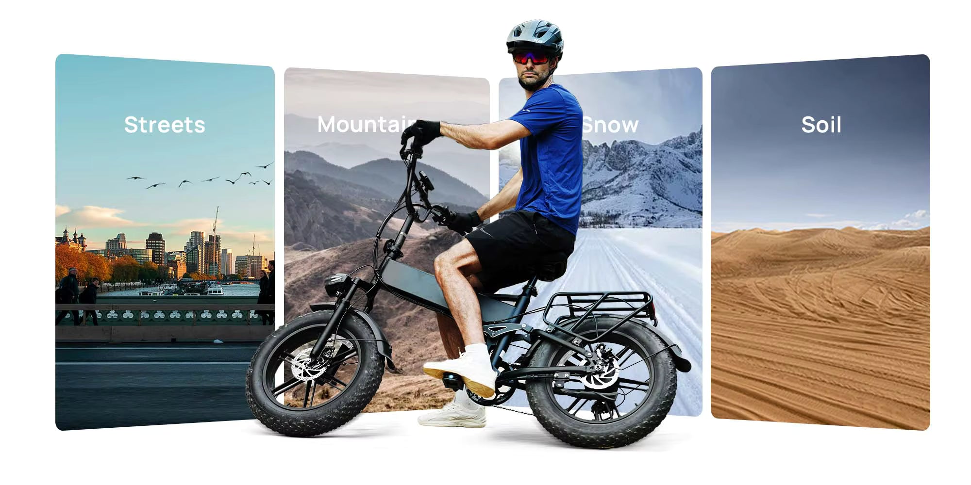 Person riding an electric bike with lifestyle images of city, mountain, snow, and soil on a white background.