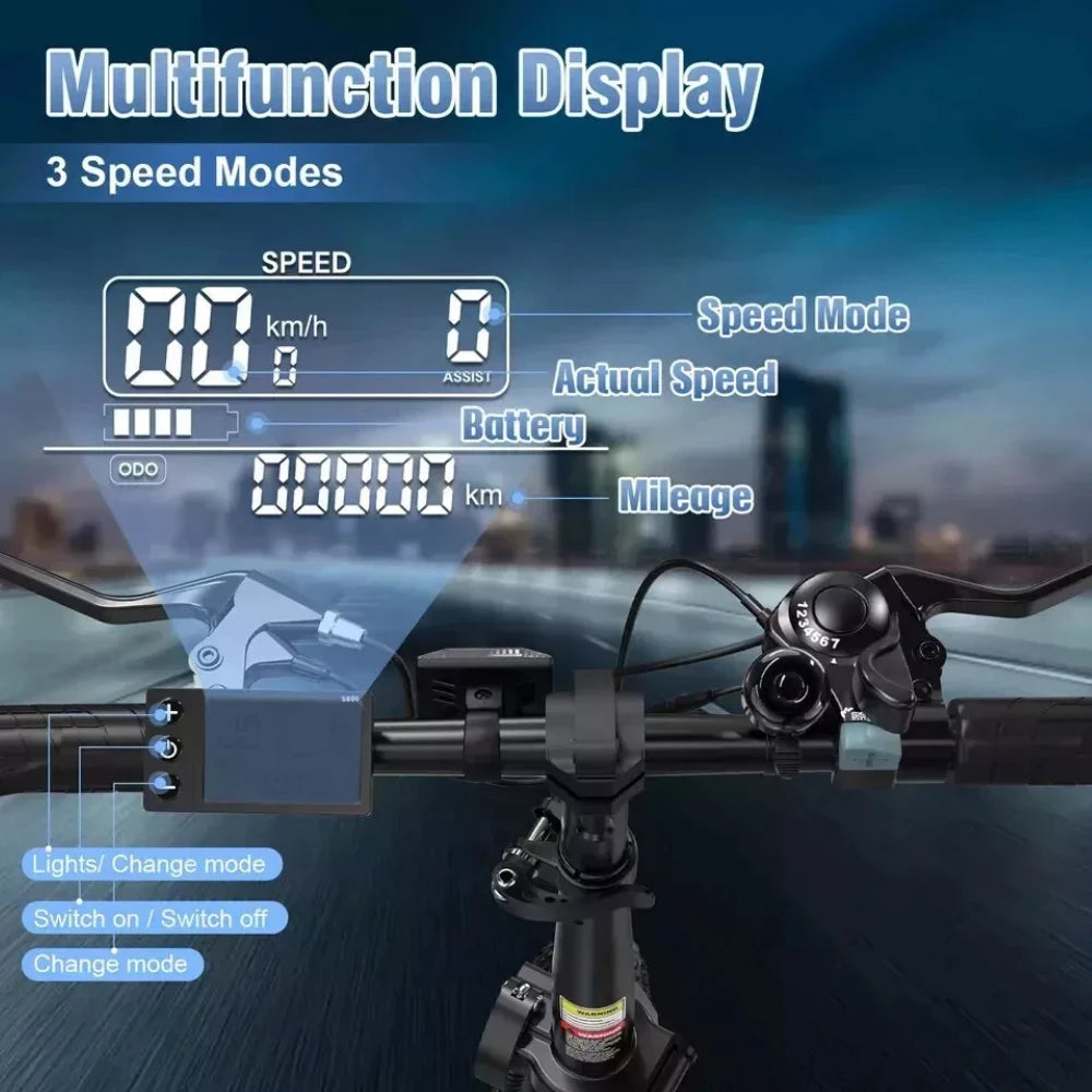 Multifunction display for a KOOLUX BK6S PRO electric bicycle with speed, battery, and mileage indicators against a blurred cityscape background.
