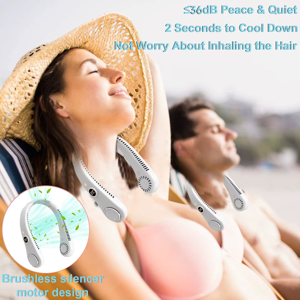 A woman in a straw hat and pink bikini top wears a white neck cooling fan device on her neck in a beach setting, with a blurred man in the background and text overlays describing the product features.