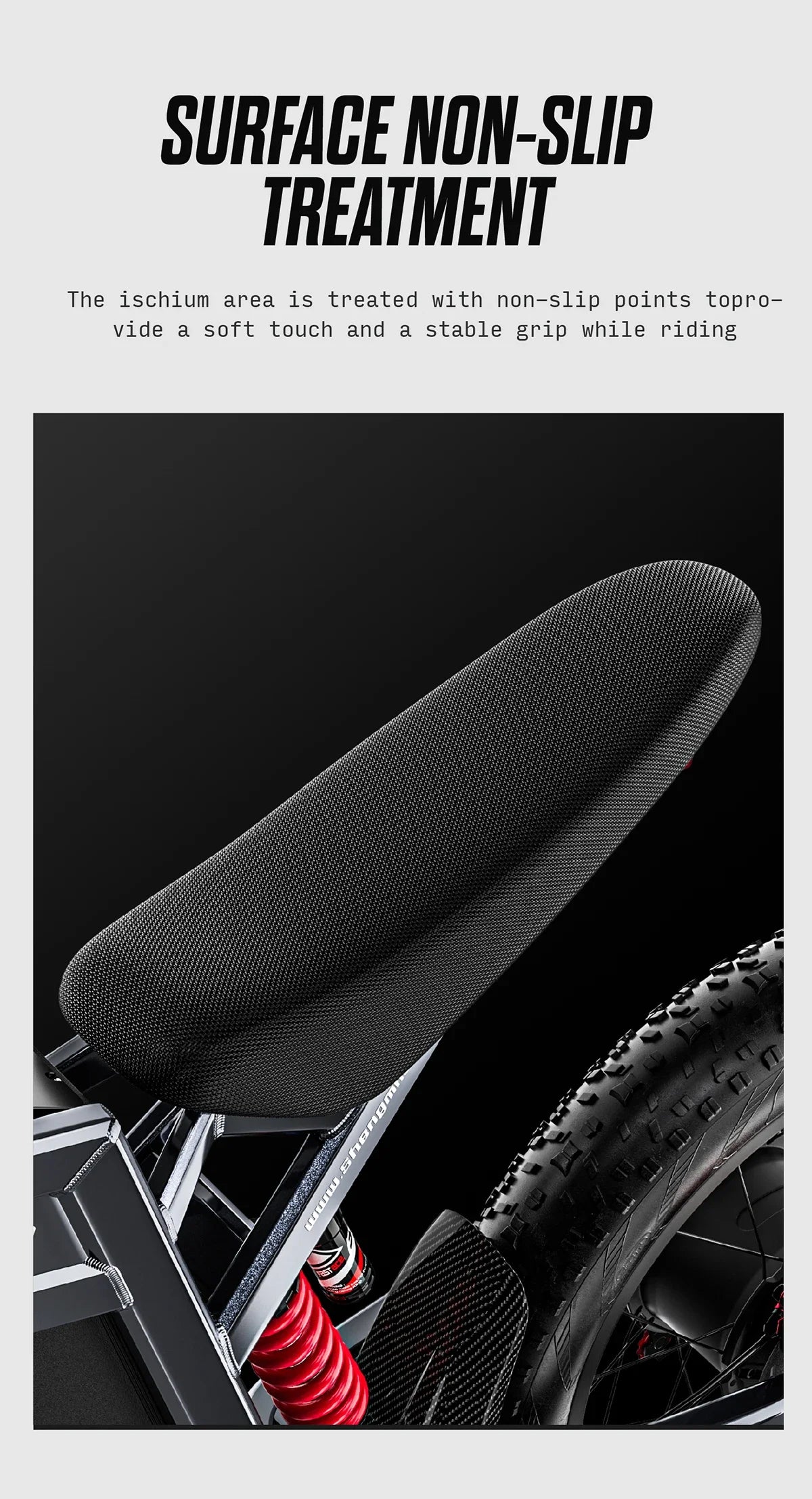 Black  electric mountain bike seat with non-slip treatment on a black background