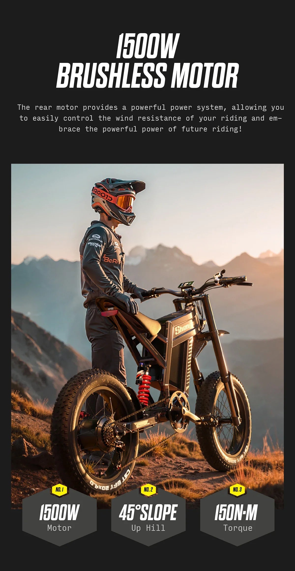Person on an electric mountain bike with mountainous background and product features highlighted.