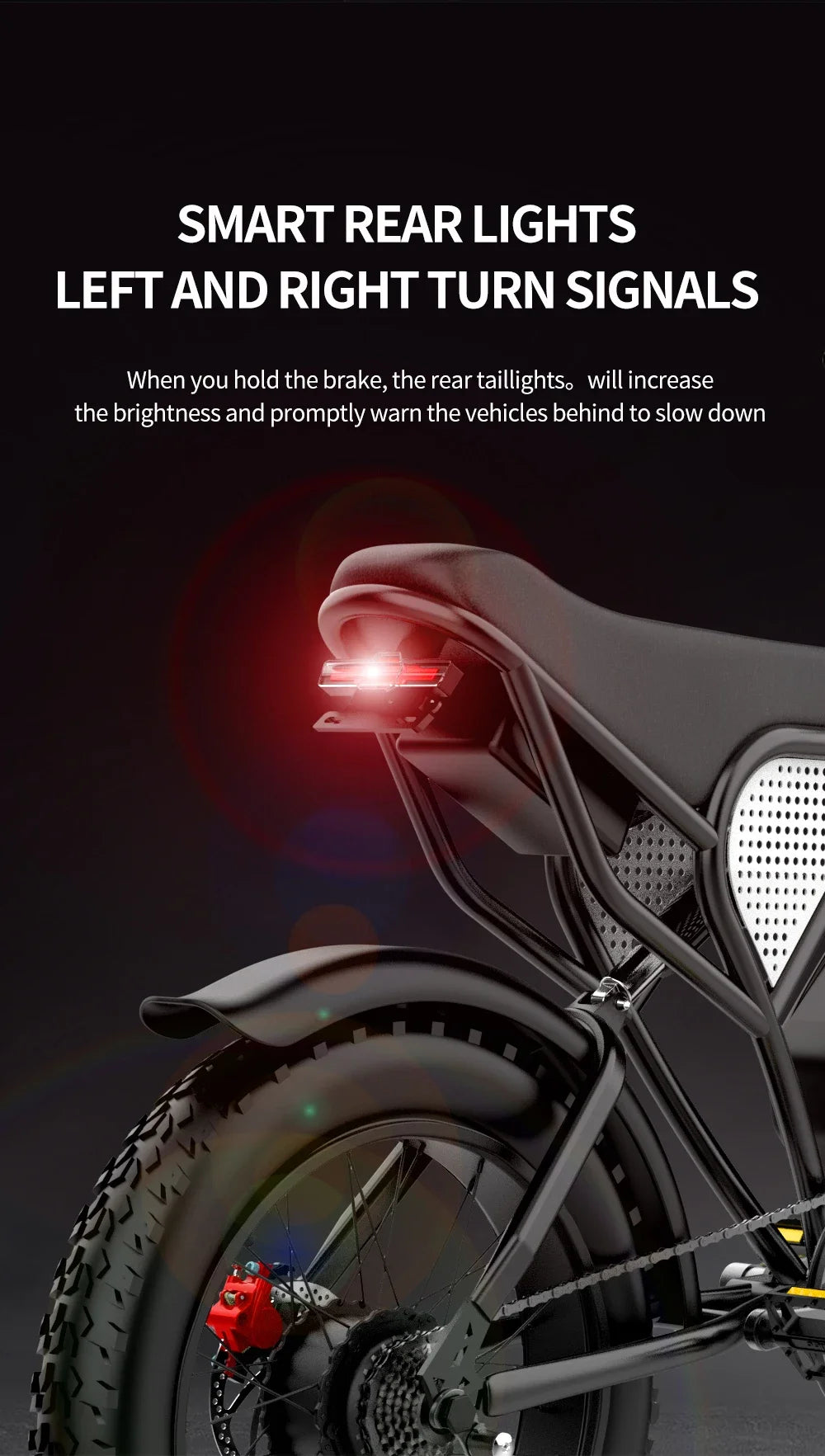 Electric bicycle with smart rear lights and turn signals on a dark background
