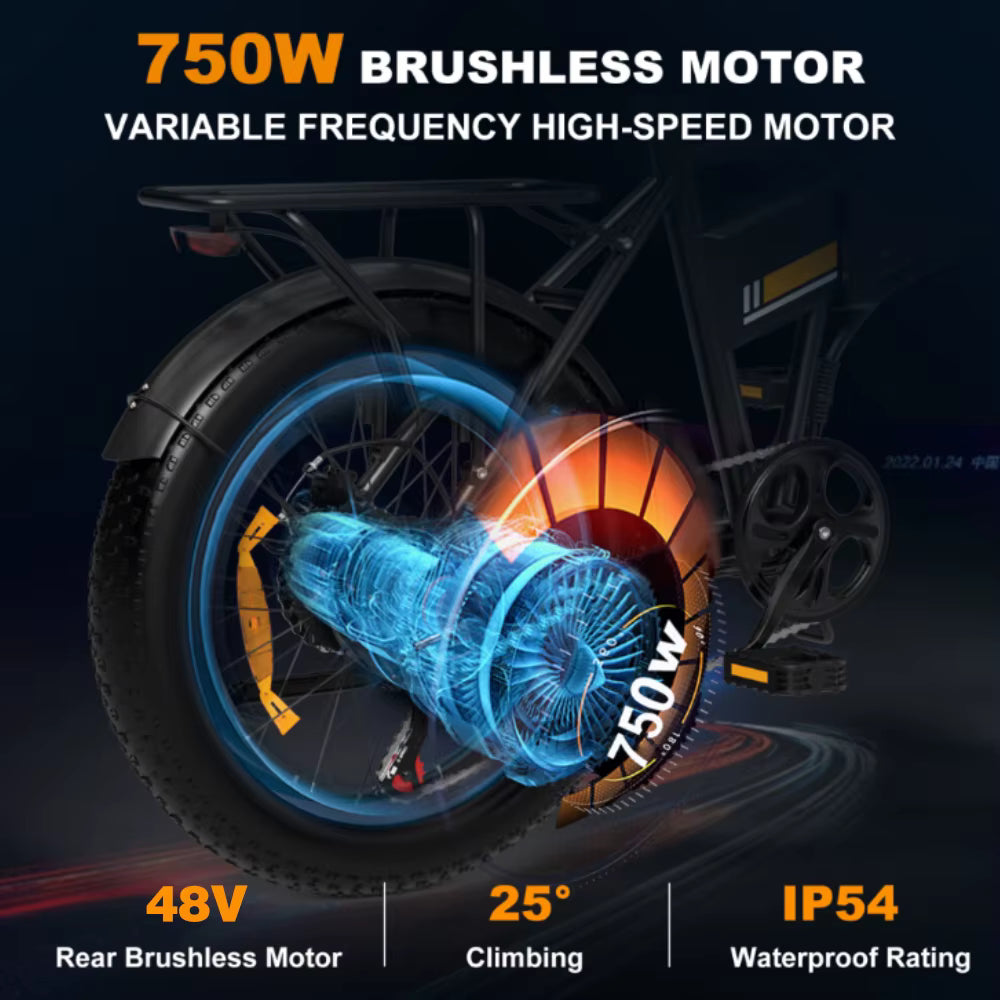 Electric bike with 750W brushless motor and technical specifications on a dark background