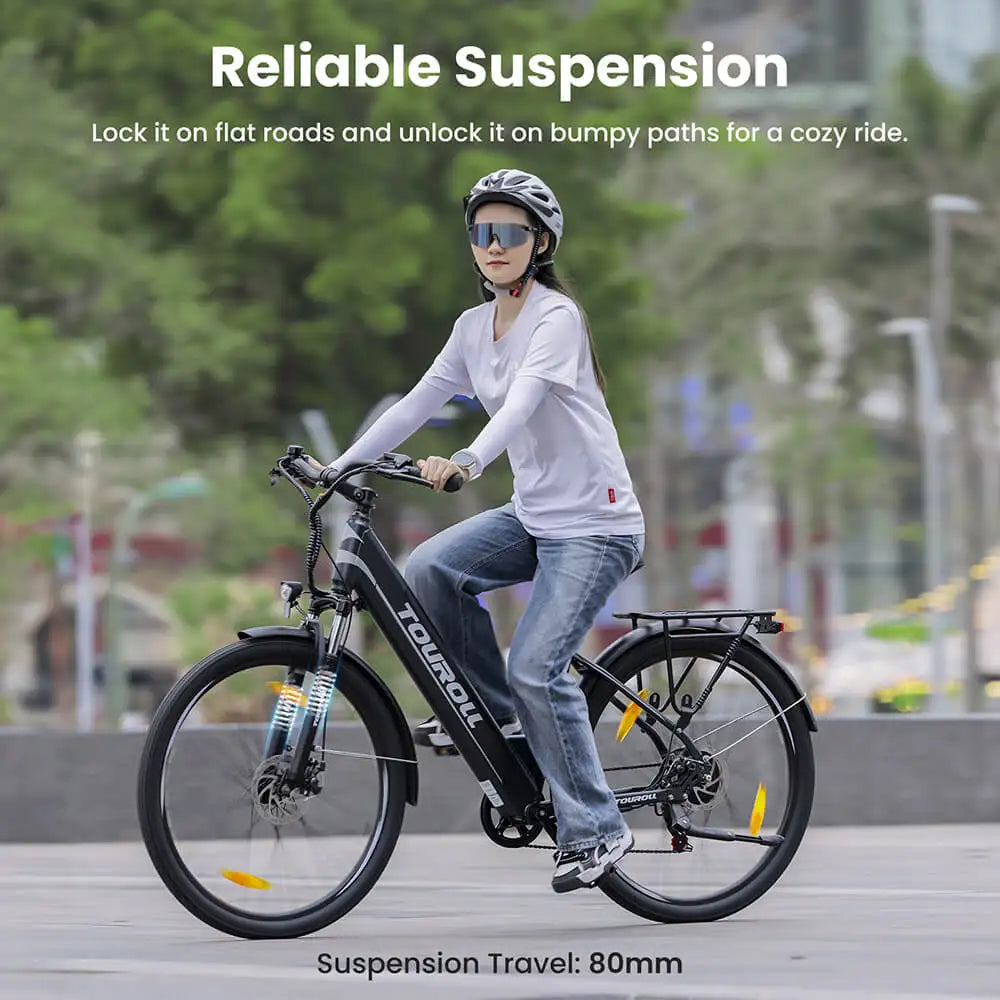 Person riding an electric bike with text about reliable suspension on a blurred outdoor background