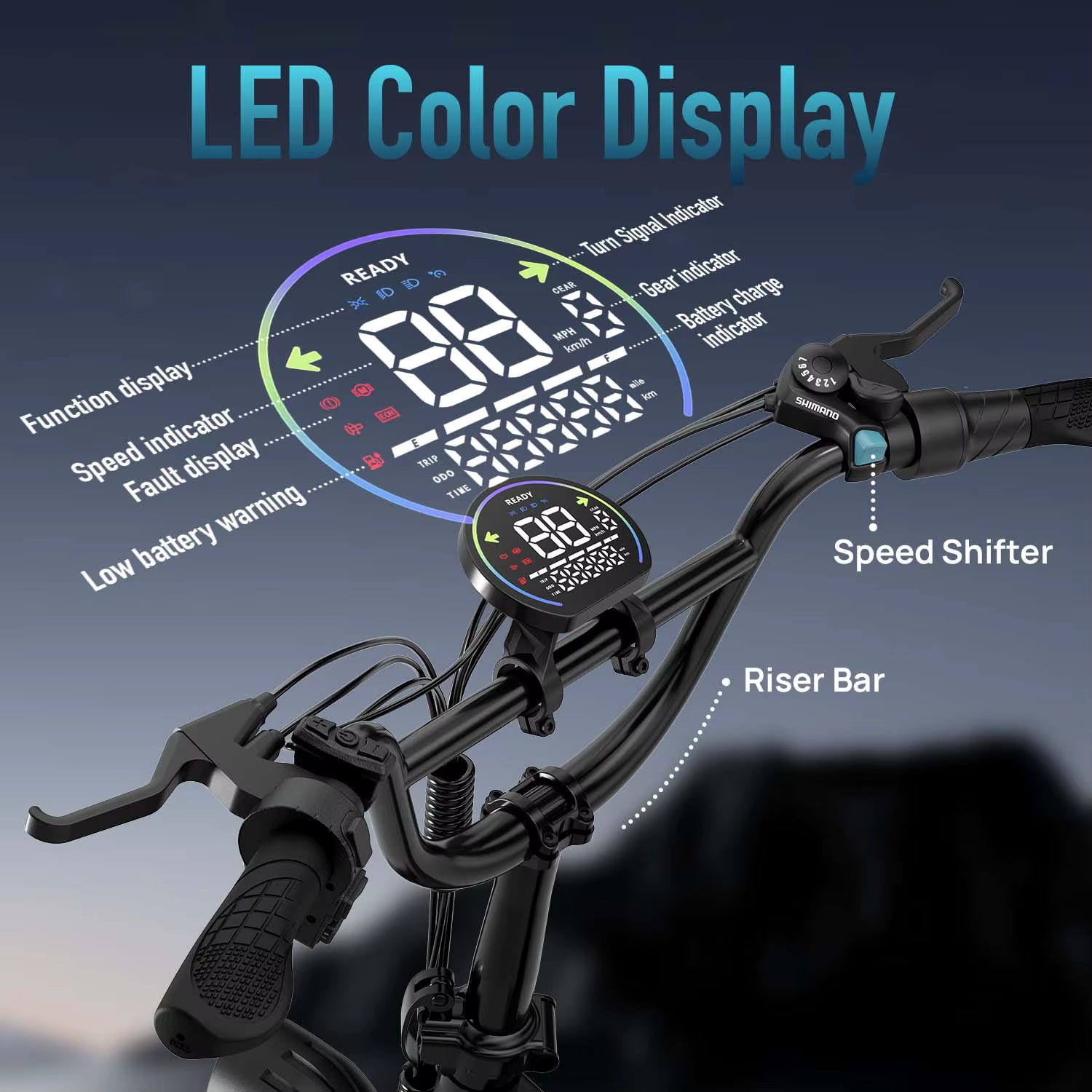 Urlife T5 LED color display handlebar diagram showing speed indicator, gear levels, and shifter