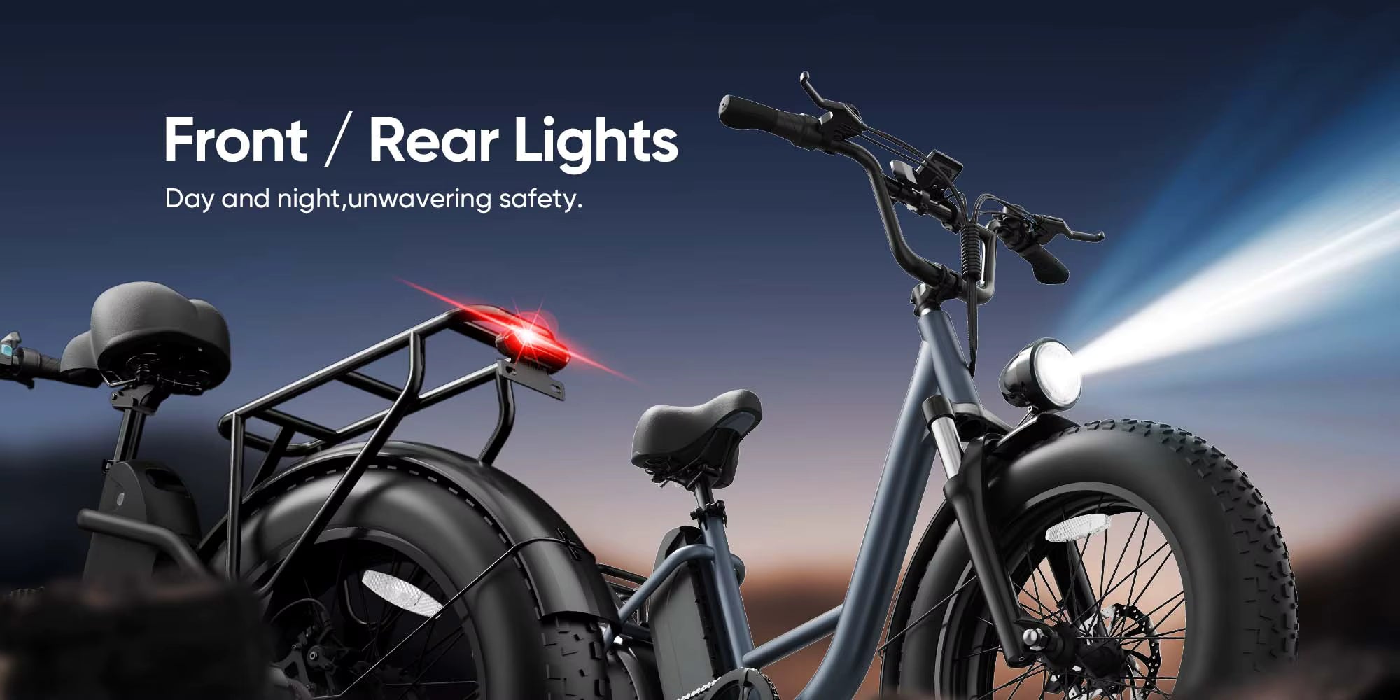 Electric bike with front and rear lights on a dark background