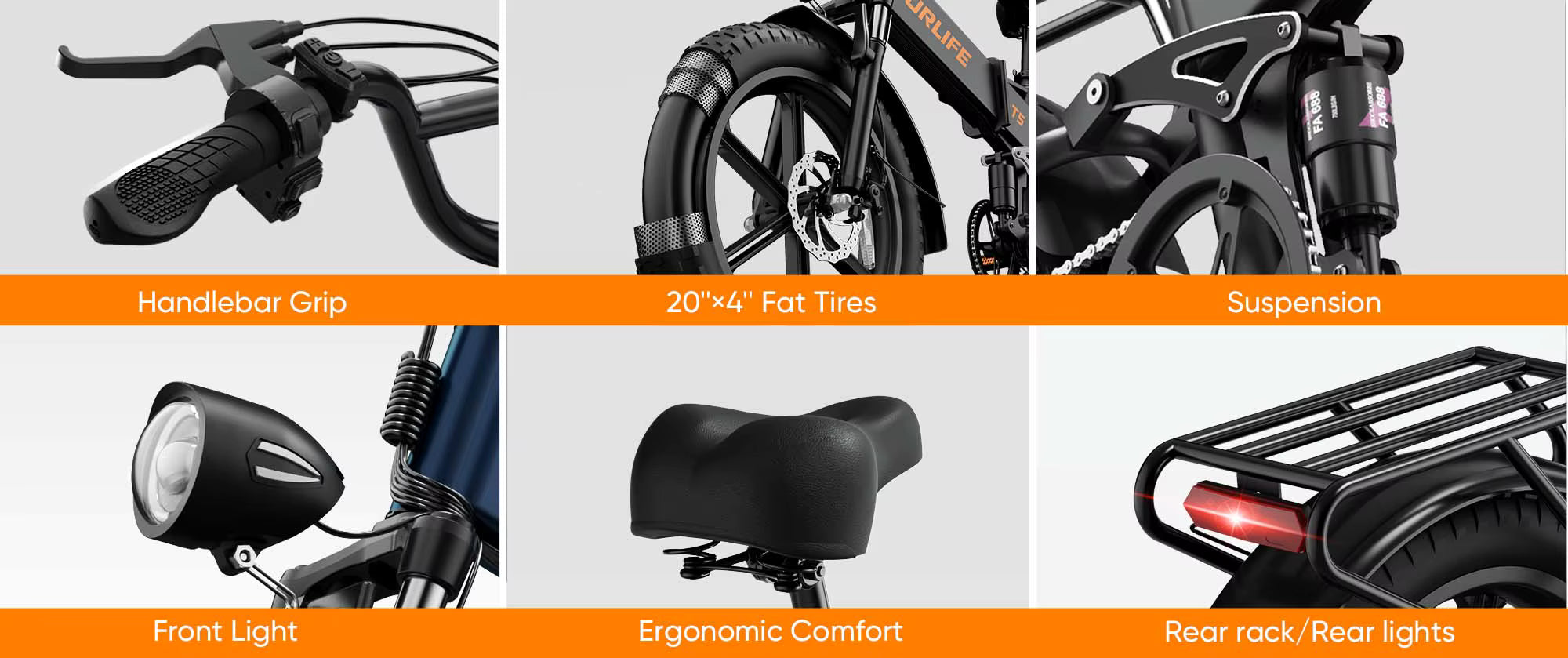 E-bike parts including handlebar grip, fat tires, suspension, front light, ergonomic comfort, and rear lights on a white background.