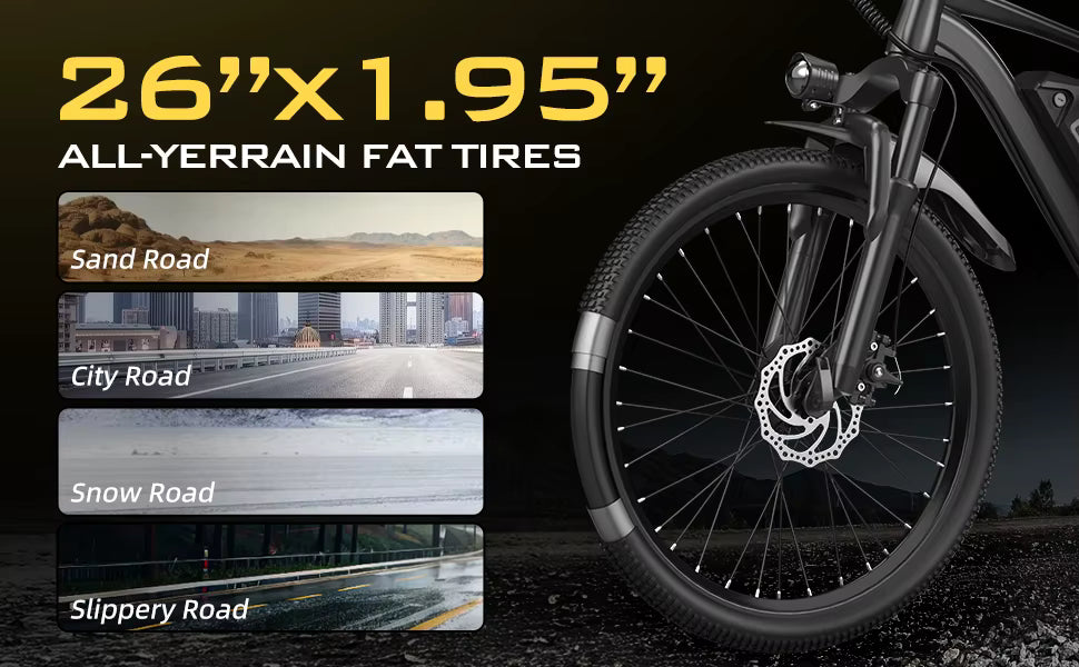 Technical graphic showcasing the 26" x 1.95" all-terrain tires designed for multiple road surfaces