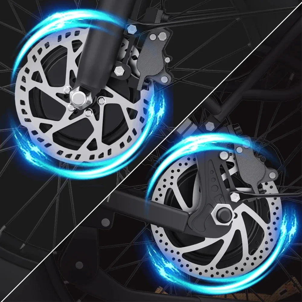 Electric bicycle disc brakes with glowing blue effects on a dark background