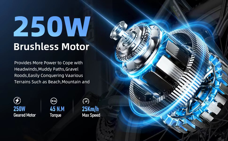 Promotional graphic highlighting the 250W brushless motor performance, torque, and multi-terrain capabilities