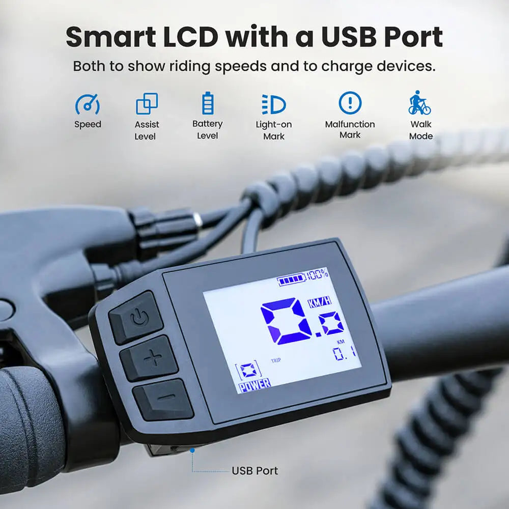 Smart LCD display for an electric bike  with USB port on a bike handlebar, showing various indicators.