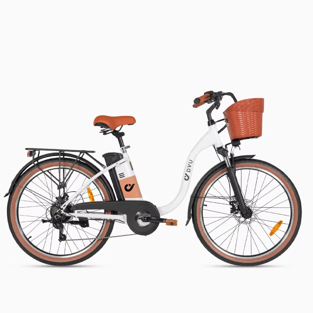 White DYU C6 Pro E-Bike electric bicycle with brown accents on a white background