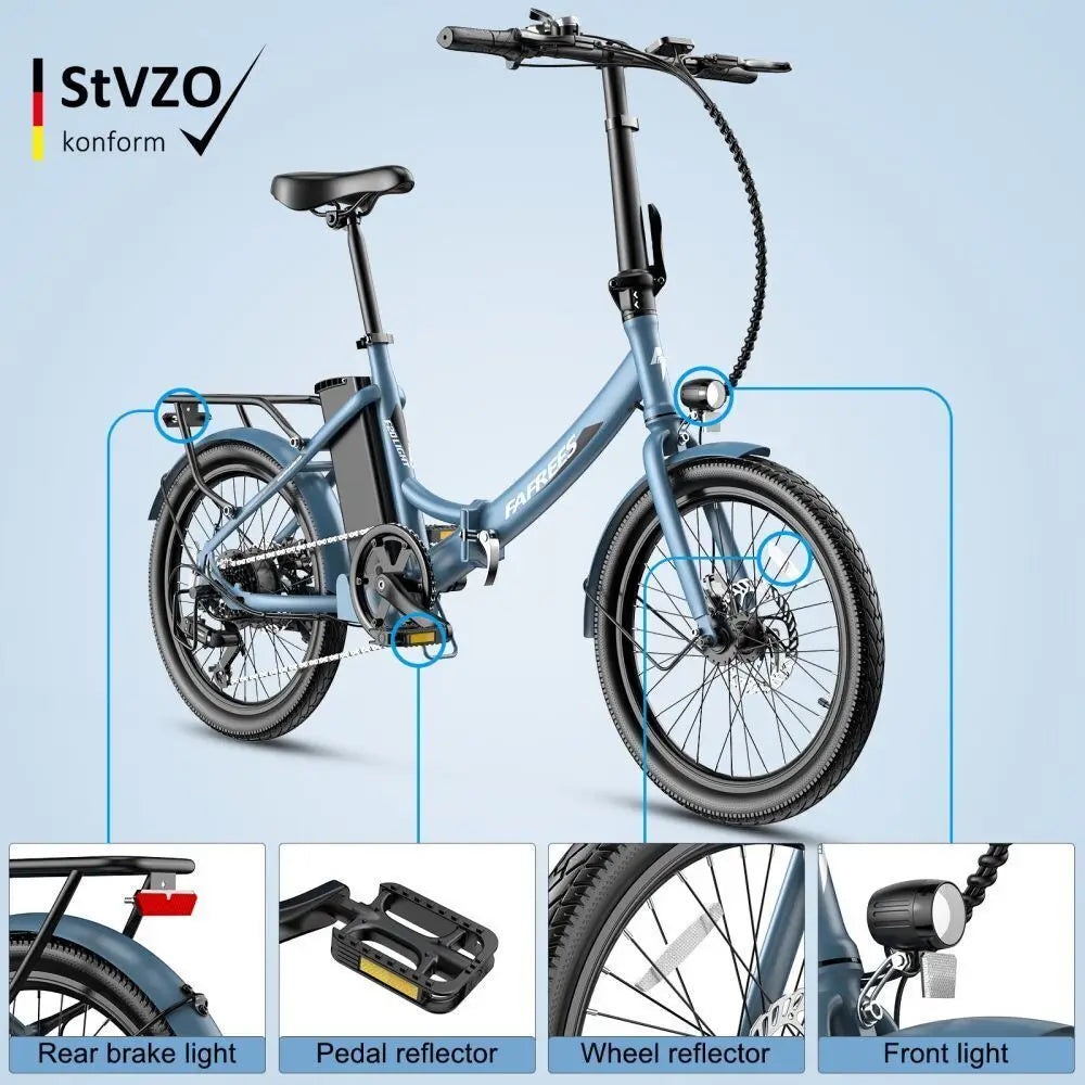 Blue electric bike with features highlighted on a light blue background, including 'StVZO konform' label.