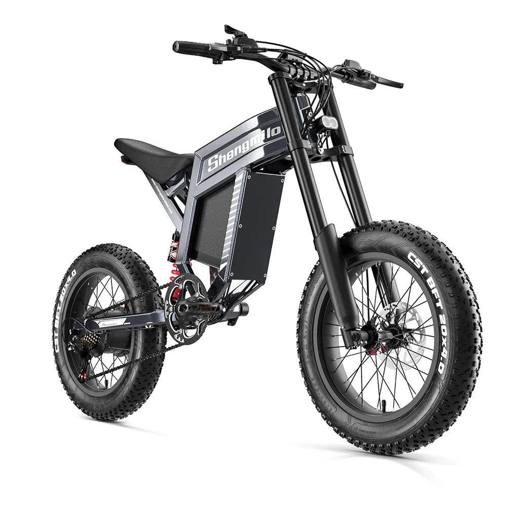 Black electric Mountain Bike with visible branding on a white background
