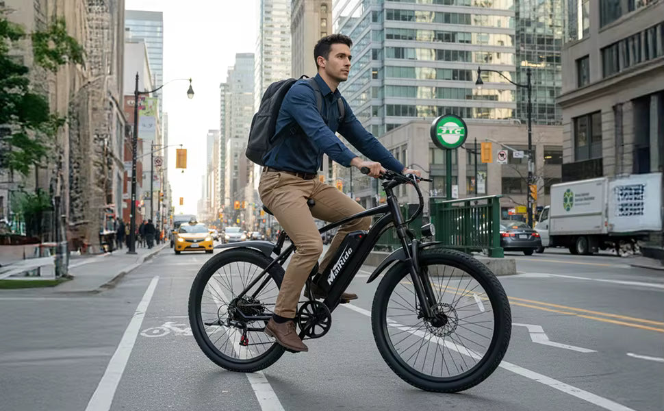  Lifestyle action shot of a commuter riding the electric bike through city streets 