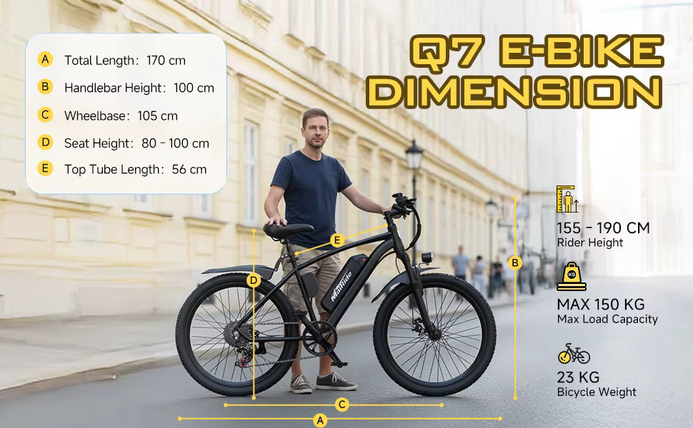 Dimensional layout diagram showing the overall bike sizing, height specifications, and rider measurements