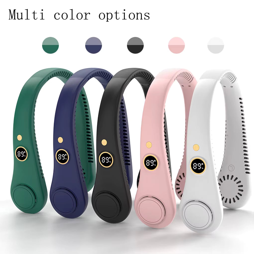 Six portable neck fans in different colors are lined up on a white background under the text 'Multi color options'. The colors shown are green, navy blue, black, pink, and white.