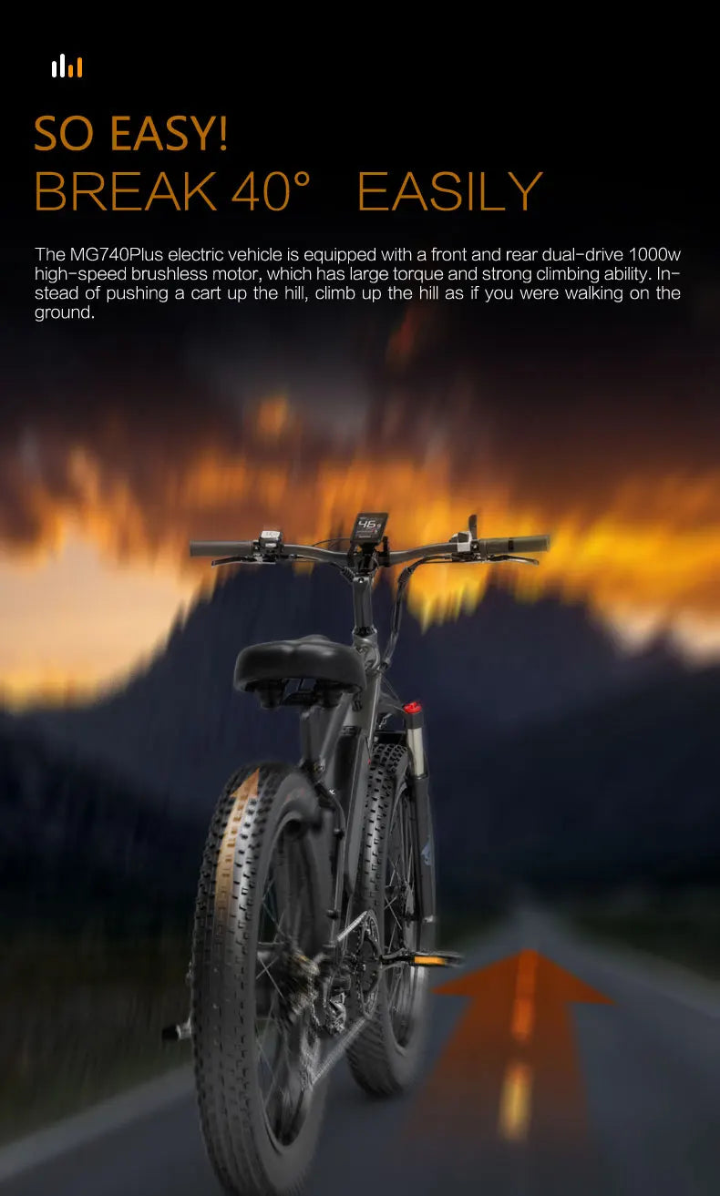 Rear view of LANKELEISI MG740PLUS full suspension fat tyre electric mountain bike on a road at sunset with orange sky and text showing climbing ability up to 40 degrees.