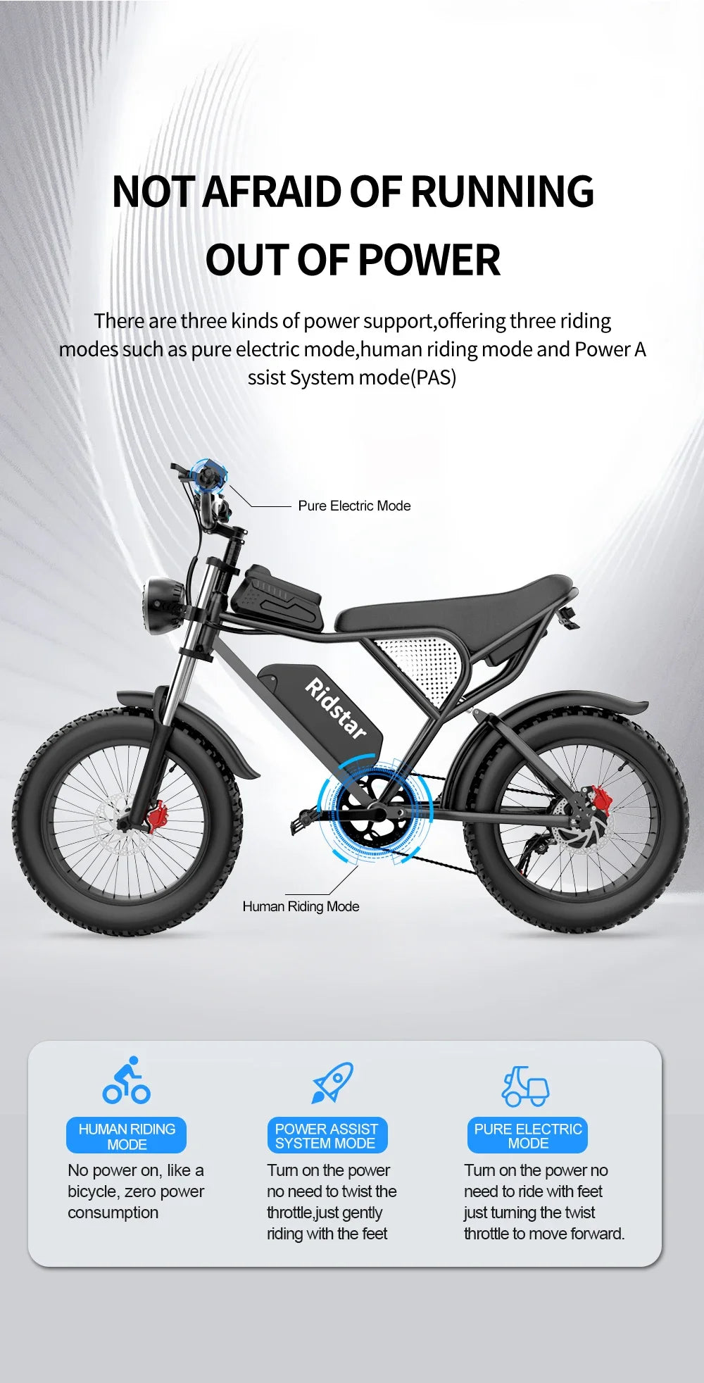 Electric bike with power support modes on a gray background