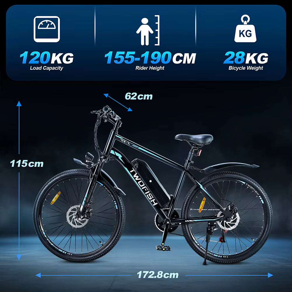 TWOFISH TF-1 Electric Bike with a battery pack mounted on the frame, shown against a dark blue background with technical specifications and dimensions overlaid. The brand name 'TWOFISH' is visible on the battery housing.