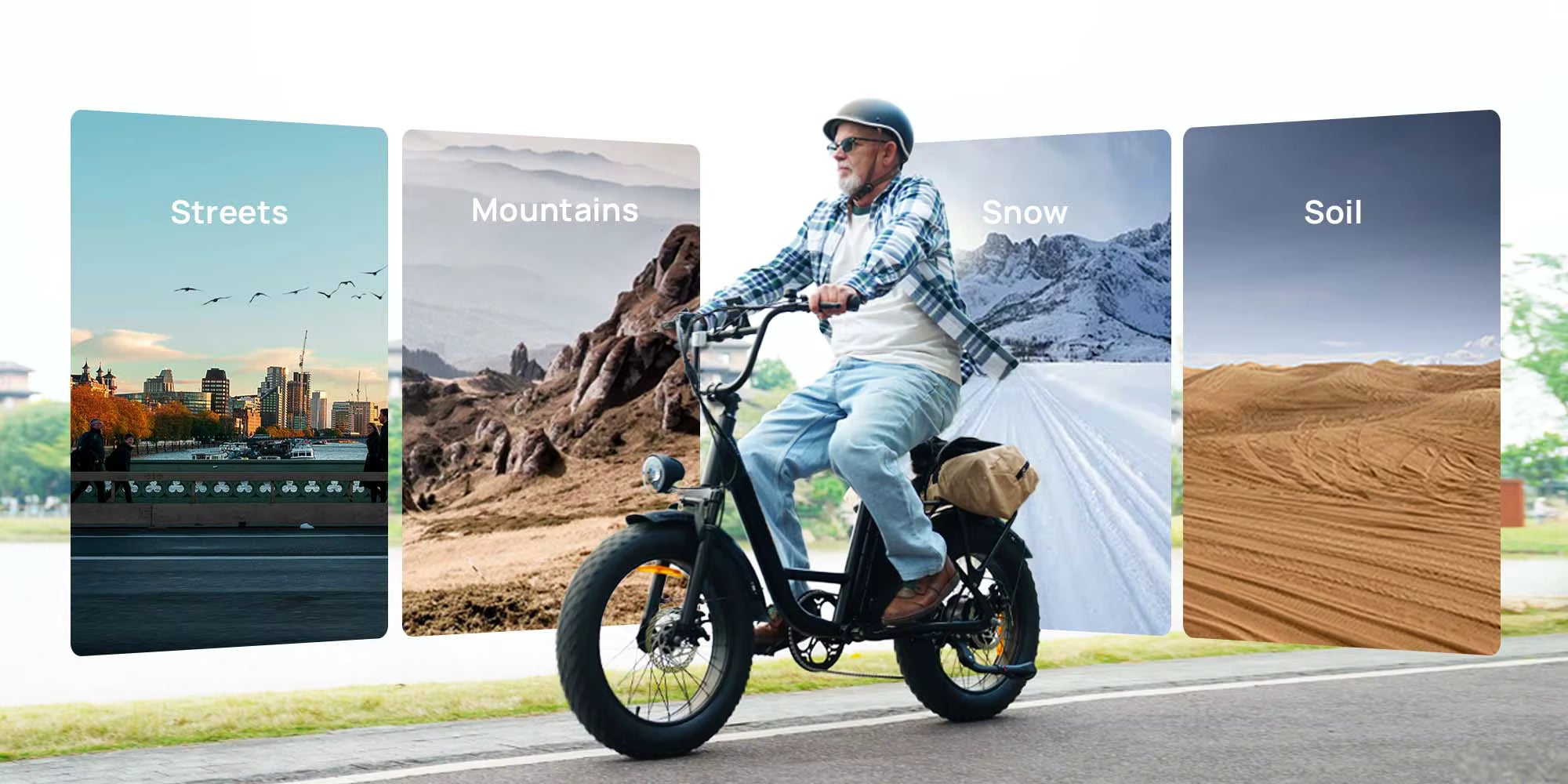 Man riding an electric bike with four panels labeled 'Streets', 'Mountains', 'Snow', and 'Soil' on a road.