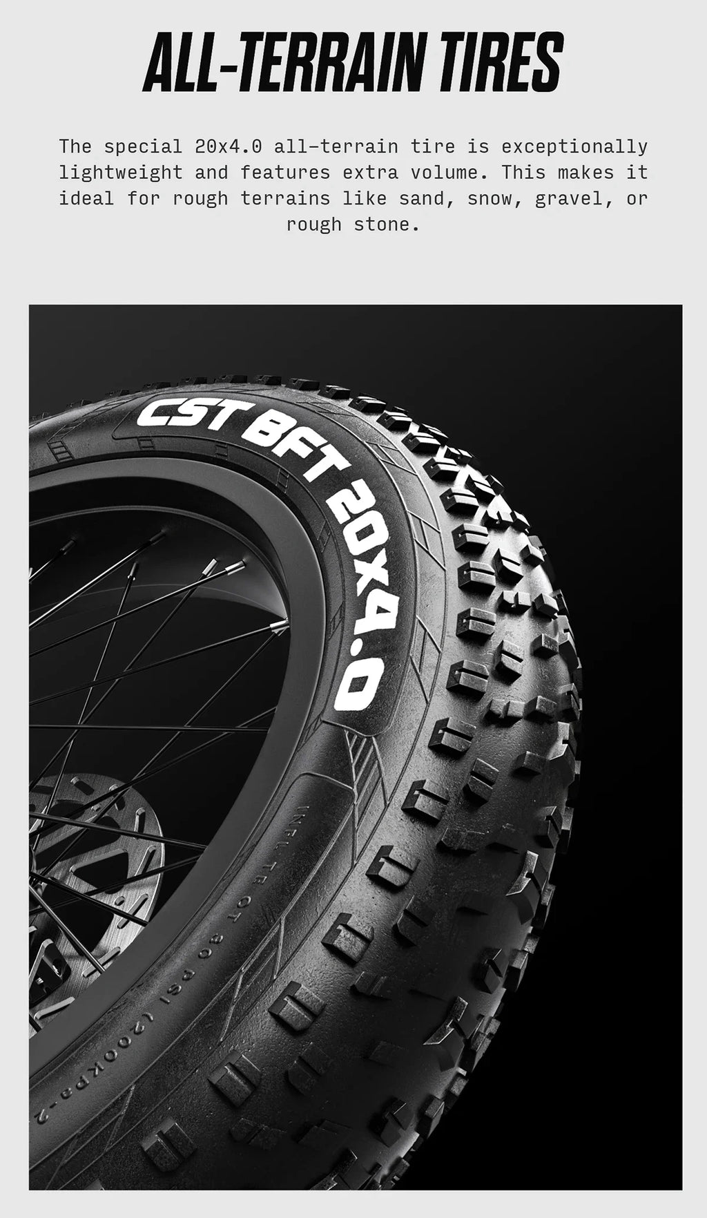 All-terrain tire with CST 8FT 20X4.0 branding on a black background
