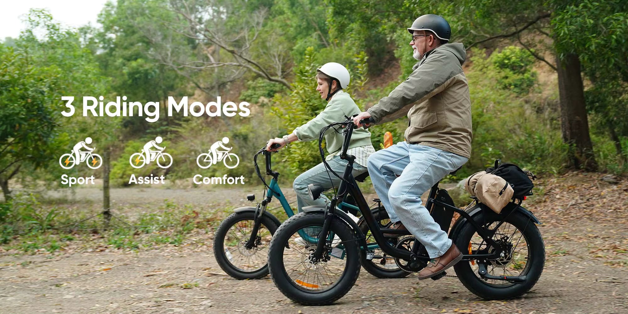 Two people riding electric bikes with '3 Riding Modes' text and icons on a natural path.