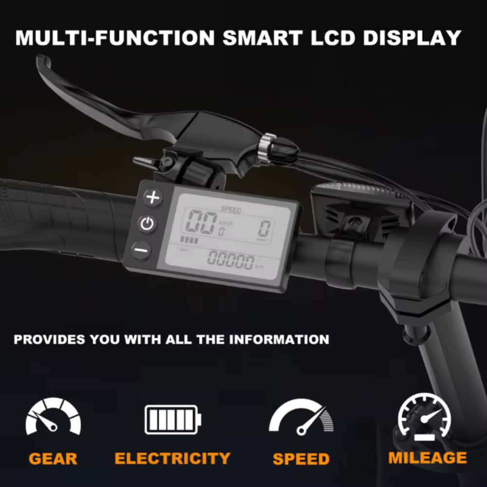 Multi-function smart LCD display on an electric bicycle handlebar with icons for gear, electricity, speed, and mileage.