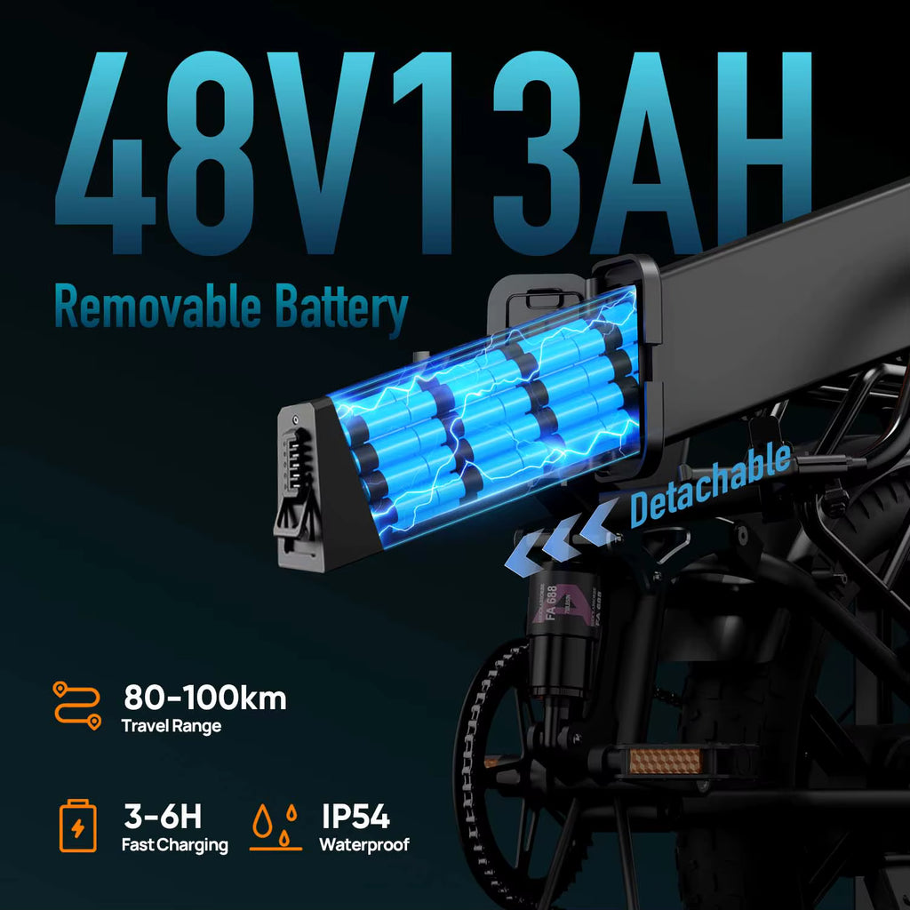 Urlife T5 48V 13Ah removable battery diagram showing 80-100km range and IP54 rating