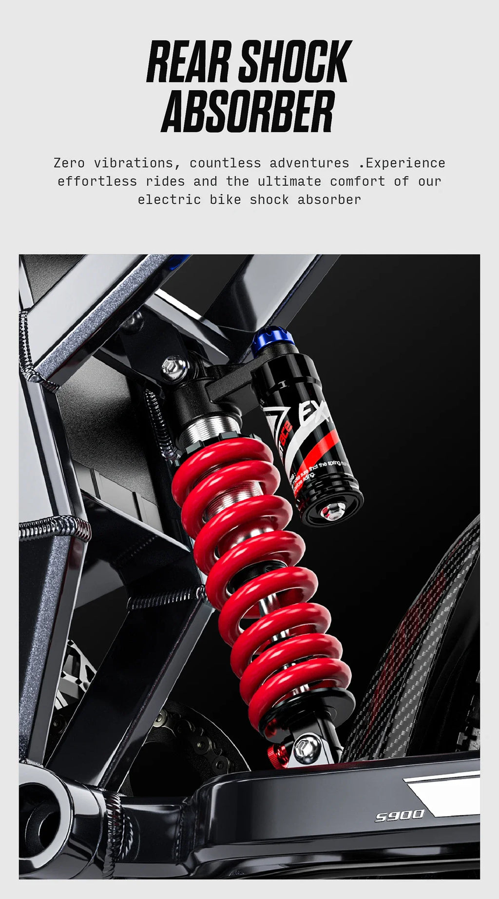 Red shock absorber with branding on a dark background