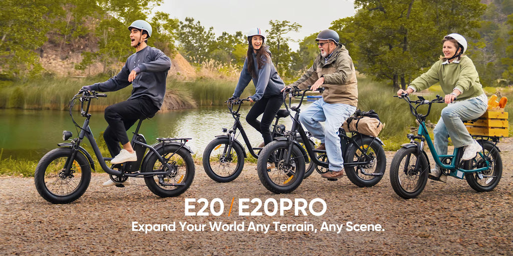 Four people riding electric bikes by a lake with 'E20 E20PRO' branding.