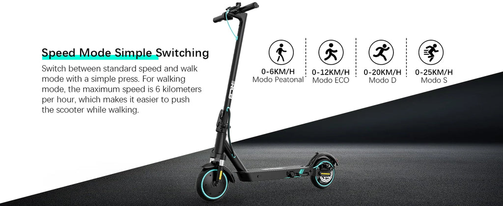 Electric scooter with speed mode switching options on a black background