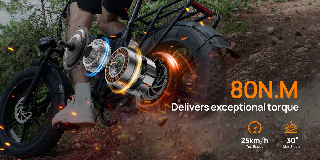 e-bike with a focus on its engine and power output, set against a natural background.
